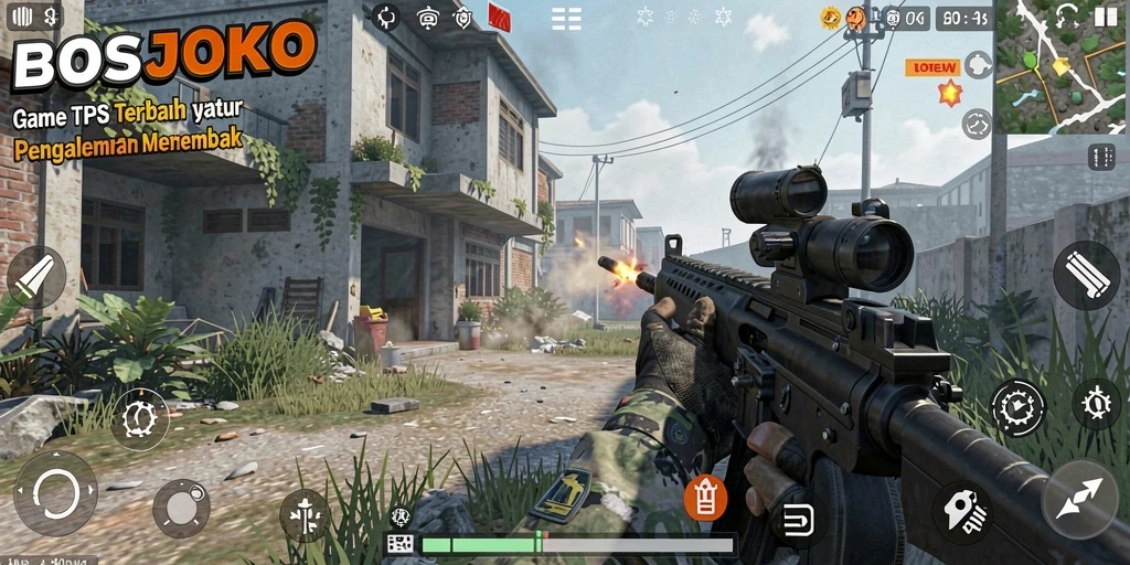 Screenshot gameplay BOSJOKO dengan aksi menembak yang mendebarkan.