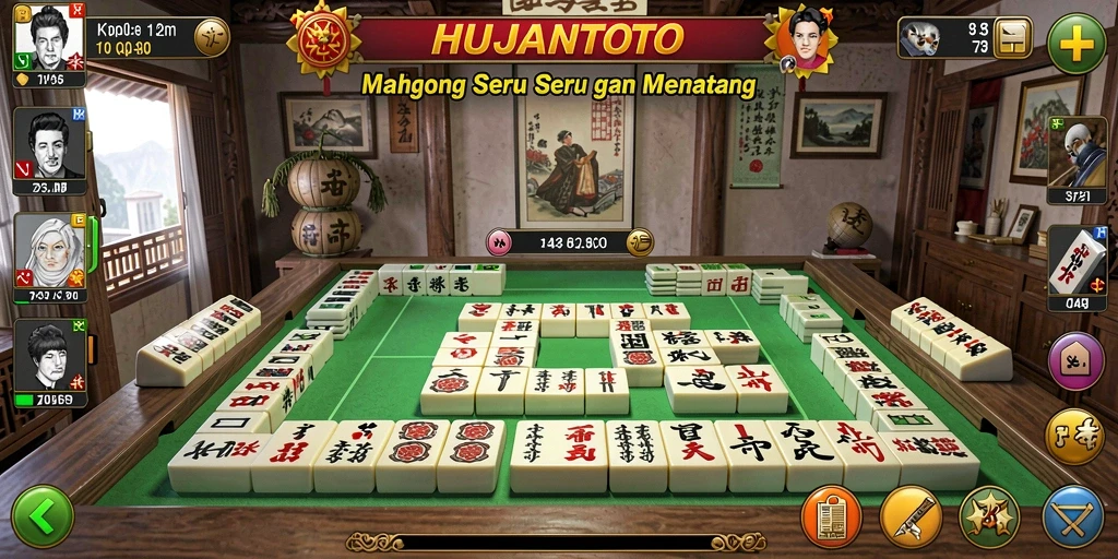 Tampilan gameplay seru dari HUJANTOTO yang menggambarkan suasana Mahjong.