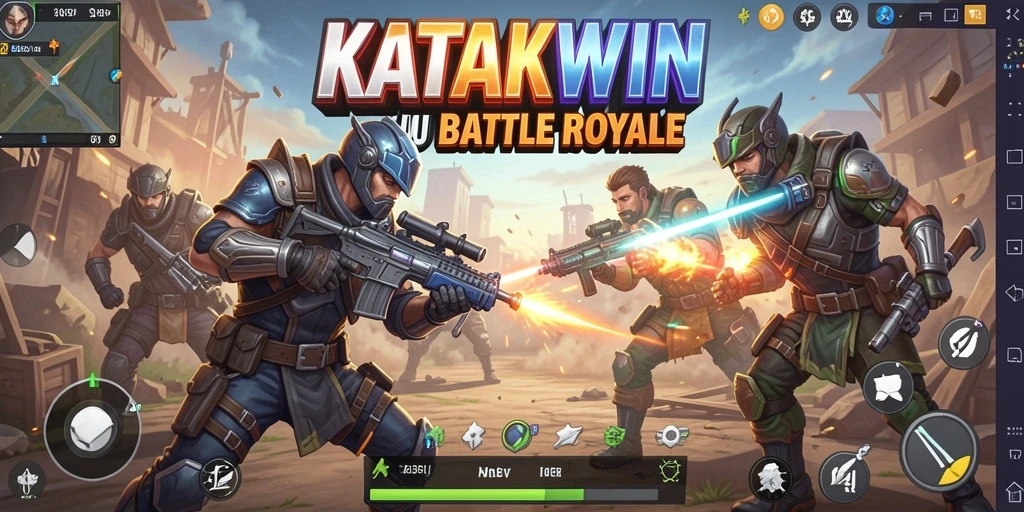 Screenshot utama KATAKWIN menampilkan aksi seru dalam pertempuran Battle Royale.