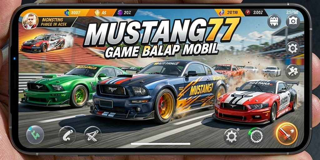 Tampilan gameplay MUSTANG77 dengan mobil balap yang mendebarkan.