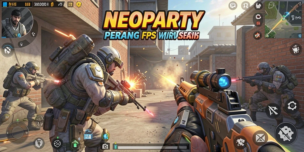 Screenshot gameplay NEOPARTY dengan aksi tembak-menembak yang intens.