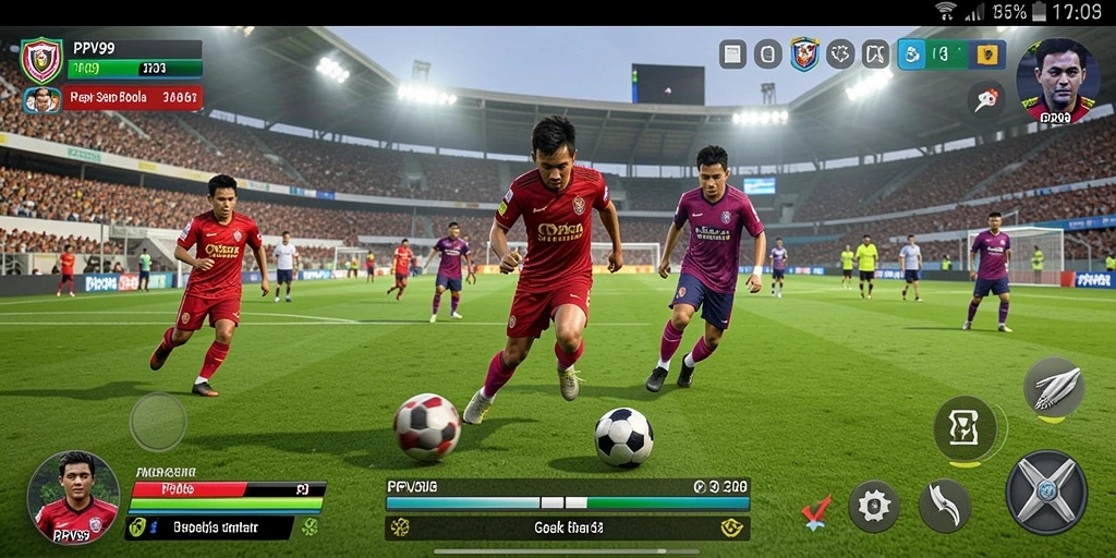 Tangkapan layar gameplay PPV99 menunjukkan aksi seru pertandingan sepak bola.